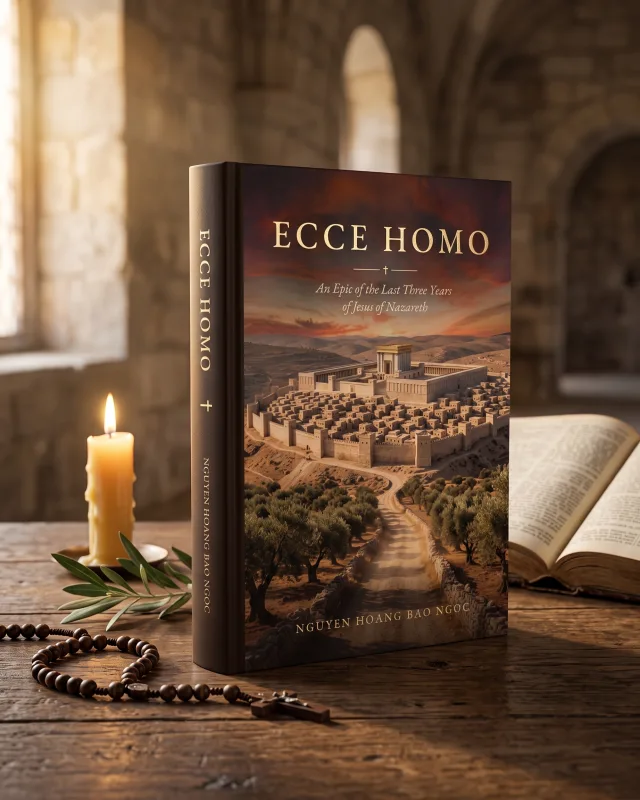Sách Ecce Homo bản tiếng Anh, bìa cứng, đặt trên bàn gỗ bên ngọn nến, tràng hạt và cuốn Kinh Thánh mở